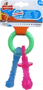 Nylabone Puppy Teething Pacifier Flexible - Hondenspeelgoed - Bacon 215x100x38 mm 108 g Roze Blauw Groen Tot 11kg Small