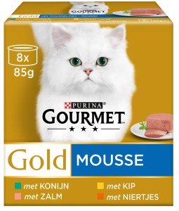 Gourmet Gold 8-Pack Mousse kip/zalm/niertjes/konijn kat 6 doosjes (48 blikken)