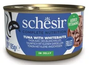 Een foto van een Schesir Complete Nutrition – Tonijn met kleine Ansjovissen in Jelly, 85gr