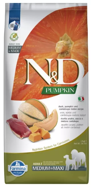 Een foto van een Farmina N&D – PUMPKIN Eend&Cantaloupe Meloen, Medium/Maxi, 12Kg