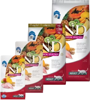 Een foto van een Farmina N&D – TROPICAL Kip, spelt, haver & tropisch fruit