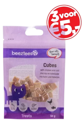 Een foto van een Beeztees – Cubes Kip en Kabeljauw, 50 gram