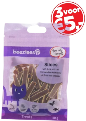 Een foto van een Beeztees – Slices Eend en Kabeljauw, 50gram